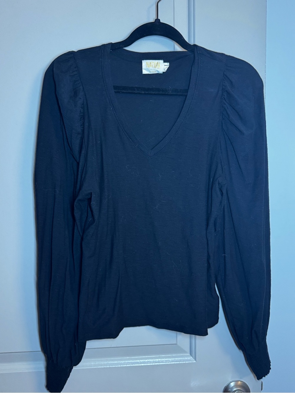 Nation LTD Black V-Neck Puff Sleeve Long Sleeve Top
